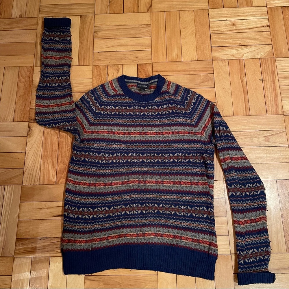 Men’s M (38-40) Land’s End long sleeve merino wool sweater, colorful, abstract